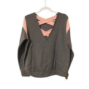 Women's Grey & Pink Sweater W/ Crisscross Back, See through Mesh Arms Size Small